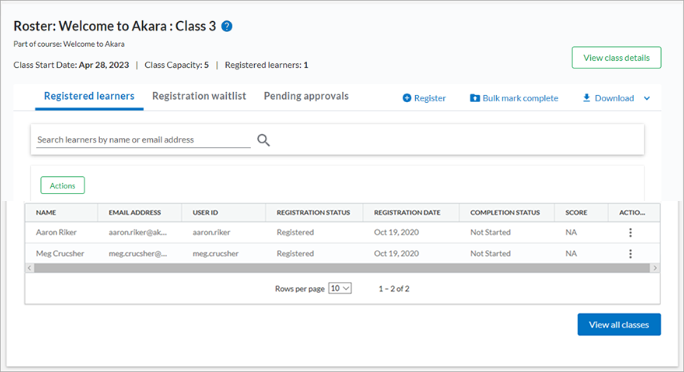 Manage roster page.